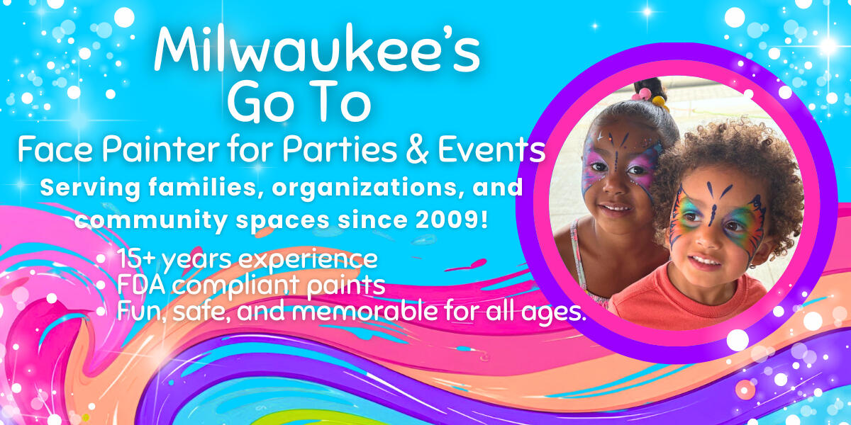 Milwaukee's top face painter for birthdays, festivals, and events Face painter creating a colorful butterfly design at a kids birthday party in Milwaukee